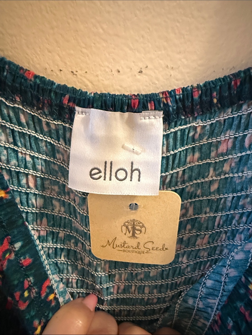 Smocked Long-Sleeve Floral Jumpsuit in Teal - Picture 3 of 4